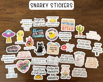 May include: A collection of various rectangular and die-cut stickers with humorous phrases and graphics. The stickers feature text like "I'm not always sarcastic," "Drink your water," and "What in the actual." The stickers are on a brown wooden surface.