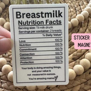 May include: White sticker with black text that reads "Breastmilk Nutrition Facts" with a list of items and their percentage daily value. The items are Love, Nutrition, Commitment, Connection, Attention, and Protection. Each item has a value of 100%. The sticker also includes the text "Your body is doing amazing things, and your value is not measured in ounces. You're amazing mama." with a heart symbol. The sticker also has the text "STICKER OR MAGNET" in pink.