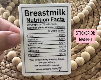 May include: White sticker with black text that reads "Breastmilk Nutrition Facts" with a list of items and their percentage daily value. The items are Love, Nutrition, Commitment, Connection, Attention, and Protection. Each item has a value of 100%. The sticker also includes the text "Your body is doing amazing things, and your value is not measured in ounces. You're amazing mama." with a heart symbol. The sticker also has the text "STICKER OR MAGNET" in pink.