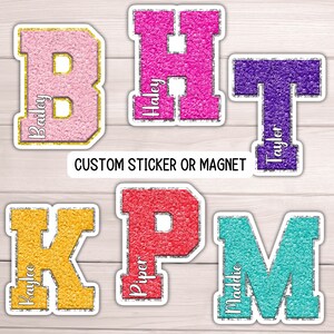 Chenille Name sticker Water bottle sticker Chenille letter Varsity name Personalized name sticker Custom kids name sticker Locker magnet