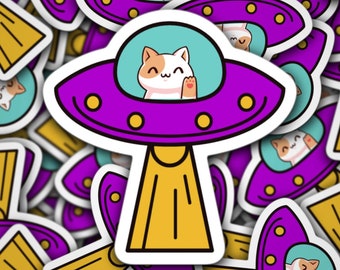UFO sticker, cat sticker, funny sticker, alien cat sticker, cute cat sticker, water bottle sticker, lao top sticker, notebook, gift