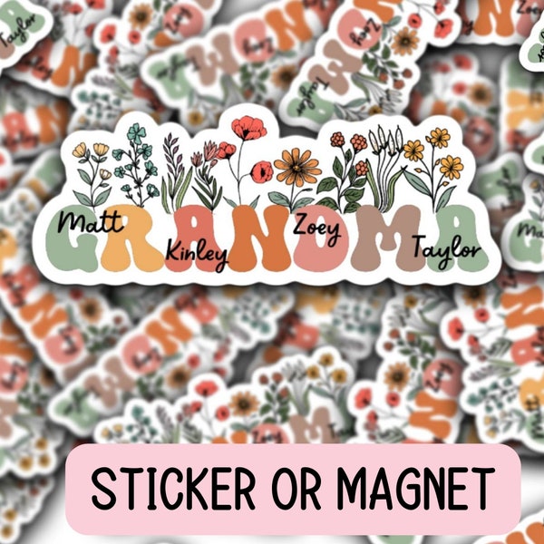 Retro floral Grandma sticker, Personalized Grandma sticker, Custom Name Stickers, Aesthetic sticker, Mother's day gift, Grandkids names gift