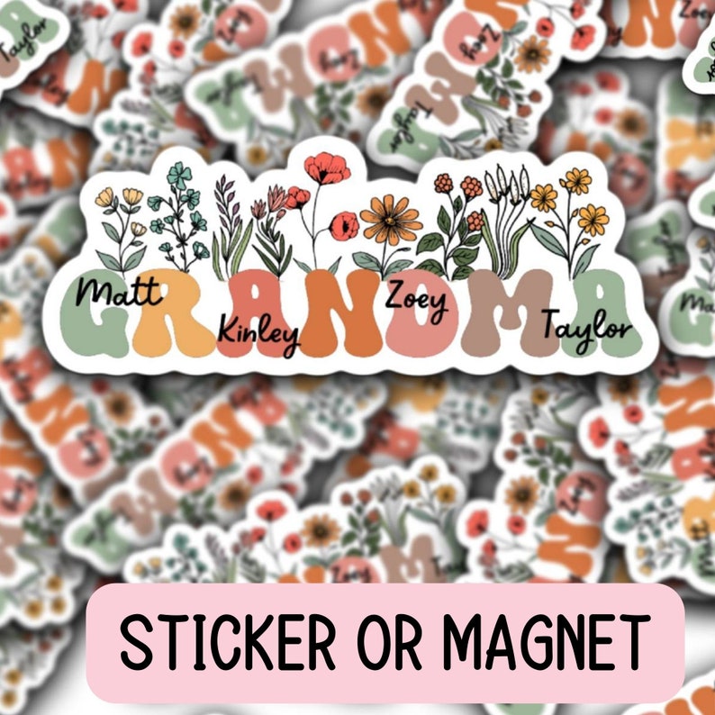 Retro Floral Grandma Sticker, Personalized Grandma Sticker, Custom Name ...