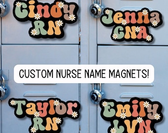 Registered nurse Custom nurse name personalized nurse magnet sticker RN Retro font name Floral Name Personalized name LVN CNA name gift