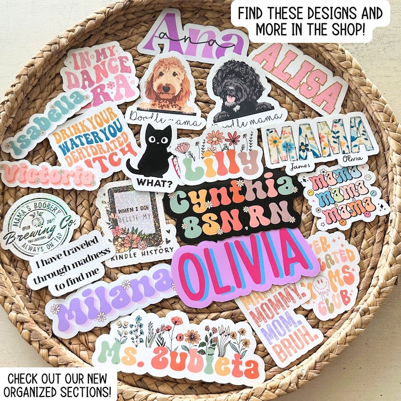 a basket filled with lots of different types of stickers