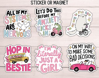 May include: Six colorful stickers with humorous sayings and illustrations. The stickers feature a goose, a frog riding a motorcycle, a cat riding a bicycle, a school bus, a car, and a girl. The stickers are perfect for adding a touch of personality to laptops, water bottles, or other surfaces.