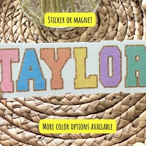 Name sticker Chenille letters Varsity name Personalized name stickers Custom Preppy name kids name stickers Water bottle name Locker magnet