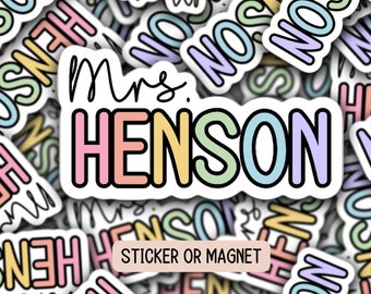 Custom teacher gift Teacher name sticker Personalized teacher sticker Custom Teacher Name Magnet Rainbow Aesthetic Retro font Mrs Miss