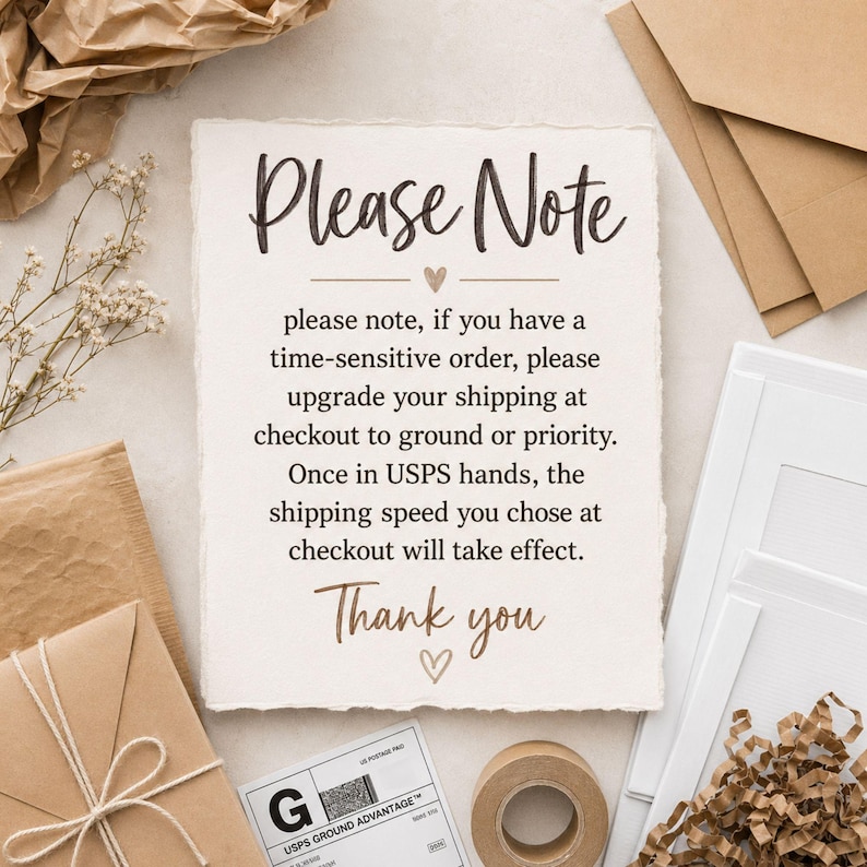 May include: A cream-colored card with the text "Please Note" in a handwritten font. The card includes a message about upgrading shipping for time-sensitive orders. The card is surrounded by packaging materials and stationery.