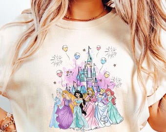 Comfort Colors Vintage Disney Watercolor Princess Castle Shirt, Disney Princess Girls Trip Shirt, Princess Birthday Girl Tee, Birthday Gift