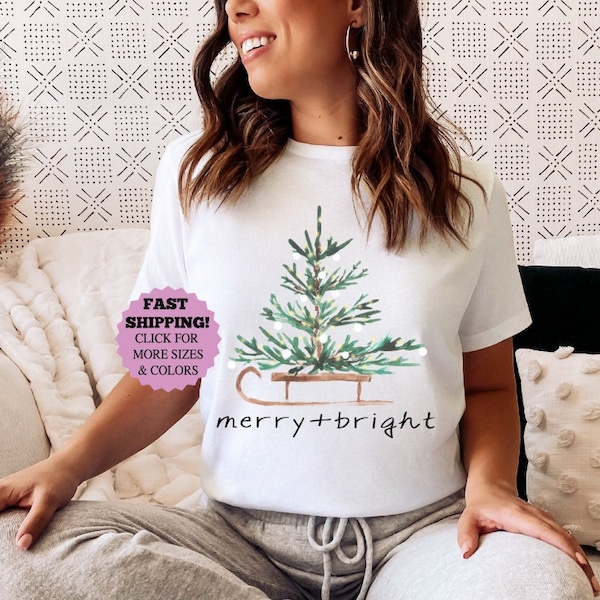 Christmas Shirts for Women, Merry and Bright Shirt, Christmas Long Sleeve Shirt, Christmas Tree Shirt, Holiday Shirts, Winter Shirt