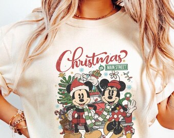 Comfort Colors® Disney Christmas On Main Street t-Shirt, Vintage Mickey Minnie Very Merry Xmas Party Shirt, Disney Xmas Family Trip Shirt