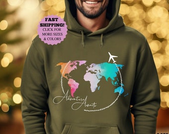 Abenteuer erwartet Weltkarte Hoodie, Traveler Tee