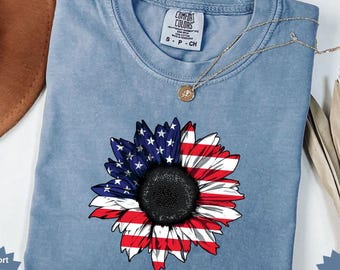 Retro Sunflower USA Flag T-Shirt - Comfort Colors 4th of July Tee