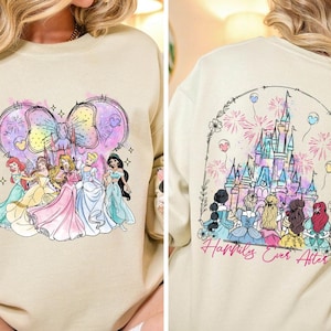 Vintage Disney Watercolor Princess Castle Sweatshirt, Disneyland Princess Girls Trip Hoodie, Disney Minnie Ears Princess Birthday Girl Gift