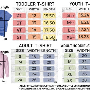 May include: Size charts for toddler, youth, and adult t-shirts and hoodies. Measurements are in inches. The blue t-shirt and pink hoodie show where to measure width and length. The text says, "All shirts are unisex, straight cut and little longer than usual shirts."