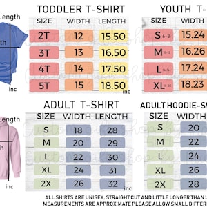 May include: Size chart for toddler, youth, and adult t-shirts and hoodies. Measurements in inches for width and length are provided for each size, including S, M, L, XL, and 2X. The chart also includes the text: "All shirts are unisex, straight cut and little longer than usual shirts."