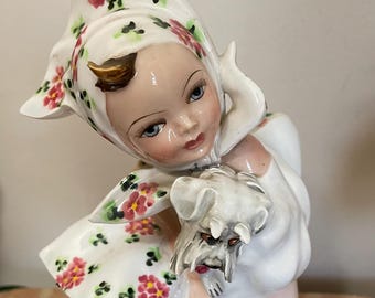 Vintage Italian Porcelain Glazed Sculpture Figurine Girl with Dog, Signed Mollica, 9 1/2’ Tall - Read Details