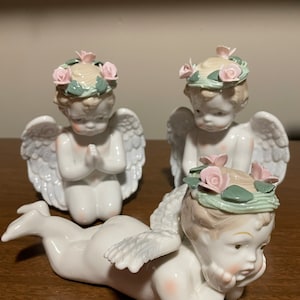 Three Vintage Porcelain White Angels, Cherubs, 6” Tall,