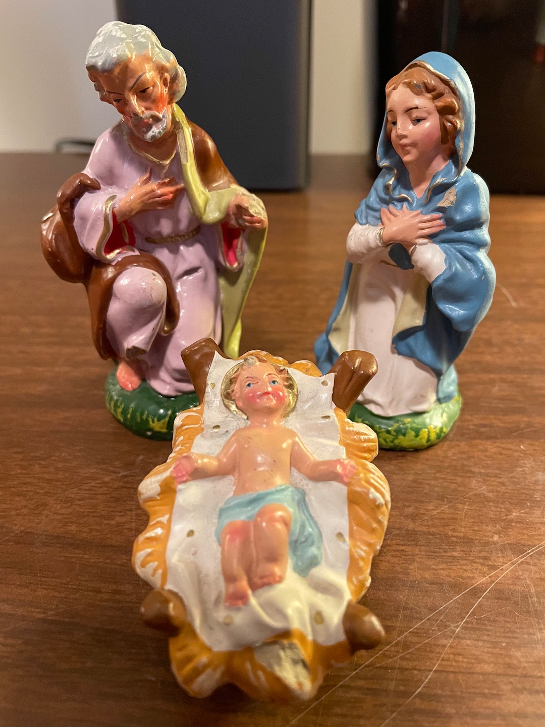 Vintage Paper Mache Nativity Figures, Holy Family, Jesus, Mary, Joseph, Made in Italy, Please