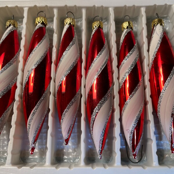 Box of 6 Kurt Adler Red & White 4” Tall Glass Tear Drop Ornaments, Vintage Glass Christmas Ornaments