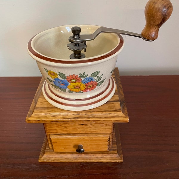 Vintage Mr. Dudley Coffee Grinder, Ceramic Bowl, Wood Base Coffee Grounds Box