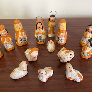 Vintage 14 Piece Hand Painted Clay Nativity Set, Please Read Details