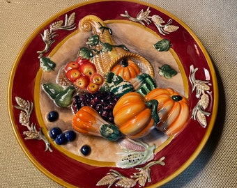 Ganz 8.5” Diameter Ceramic Autumn Harvest Cornucopia Plate, Wall Hanging, Thanksgiving Decor