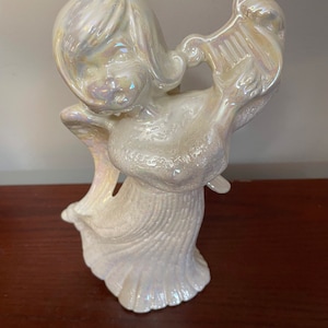 Pearlescent Angel With Harp Figurine 12” Tall