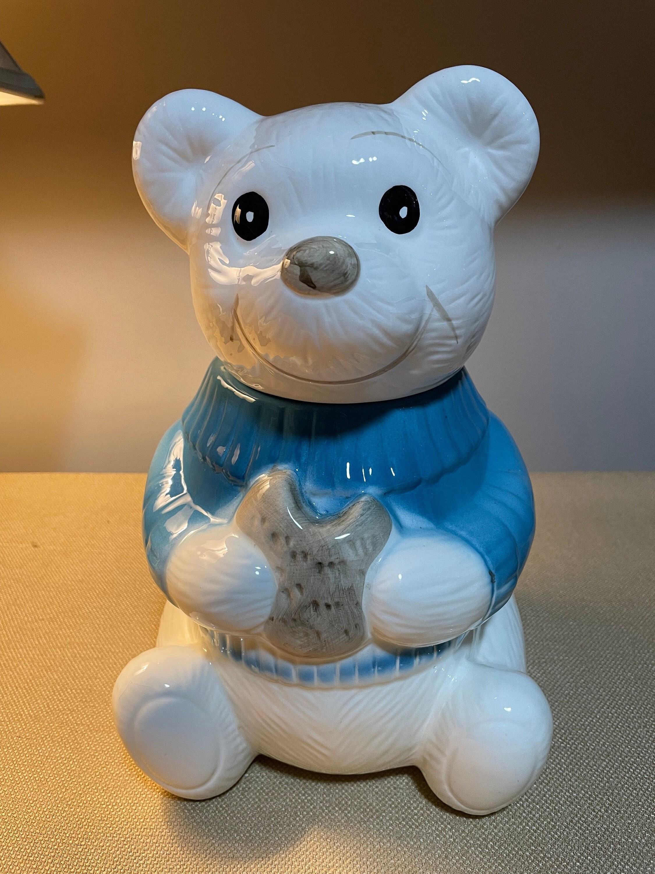 11.5” Tall Ceramic White Teddy Bear in Blue Sweater Cookie Jar