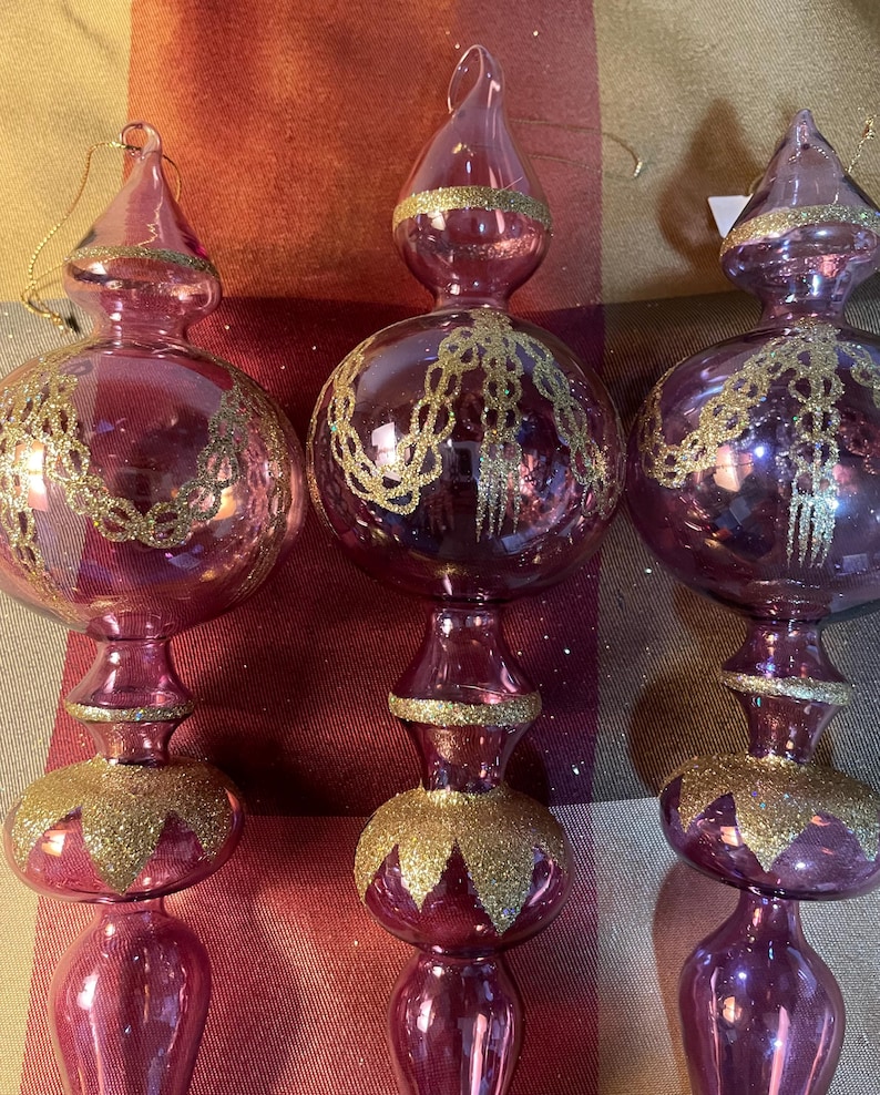 Set of 3 Vintage Light Purple 11 Tall Finial Teardrop Glass Ornaments