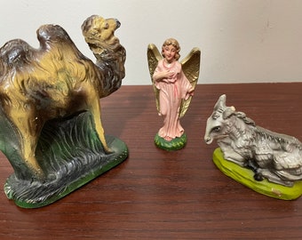 Vintage 1960’s Paper Mache Christmas Nativity Figures, Camel, Donkey and Angel, Italy, Please Read All Details