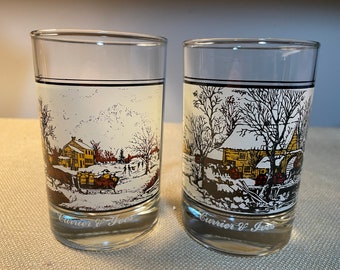 Set of 2 Vintage 1981 Arby’s Currier and Ives Glasses, Frozen Up and American Farm in Winter
