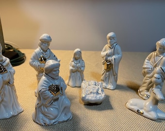 Vintage 8 Piece White Porcelain Small Nativity Figures, 4” Tall, Christmas Nativity Decoration