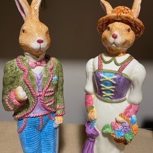 Vintage 16” Tall Ceramic Easter Bunny Rabbit Couple Figurines, Easter Decor, Spring Decor