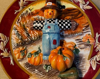 Ganz 8.5” Diameter Ceramic Autumn Harvest Scarecrow Plate, Wall Hanging, Thanksgiving Decor, Autumn Decor