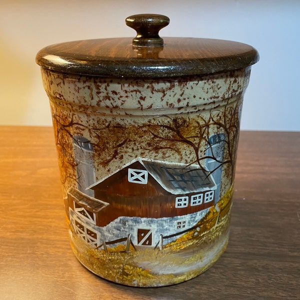 Vintage Repp 8” Tall Barn Farm Scene Pottery Canister, Farmhouse Barn Theme Canister, Read All Details