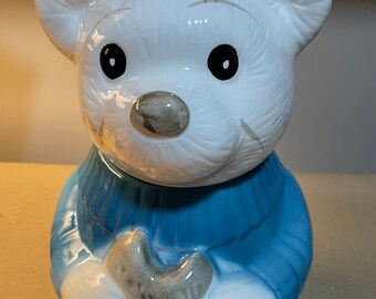11.5” Tall Ceramic White Teddy Bear in Blue Sweater Cookie Jar