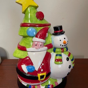 13” Holiday Christmas Tree Cookie Jar With Snowman & Santa, Please Read All Details