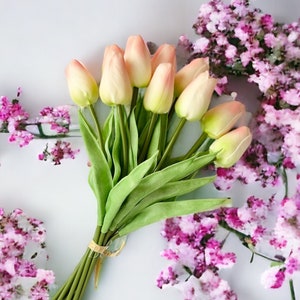 May include: A bouquet of peach-coloured artificial tulips with green stems and leaves. The tulips are arranged in a fan shape and are surrounded by pink flowers.