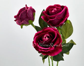 3 Velvet Rose Stems: Magenta Artificial Flowers, Home Wedding Decor