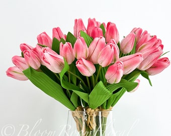 7 Pink Real Touch Tulips, Artificial Flower Arrangement
