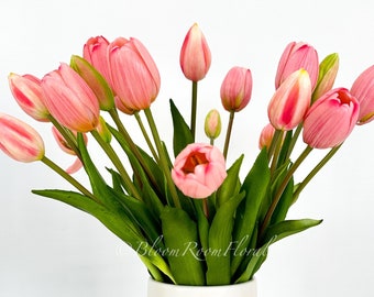 5 Stem Salmon Pink Real Touch Tulips Artificial Flower, Realistic Luxury Quality Artificial Kitchen/Wedding/Home Gifts Decor Floral Craft