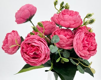 Hot Pink Peony Bouquet: 5-Stem Realistic Silk Floral Arrangement