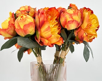 14" Orange Peony 7 Stem Bouquet | Dried Loom  Realistic High Quality Artificial Kitchen/Wedding/Home Decoration Gifts French Floral Flower