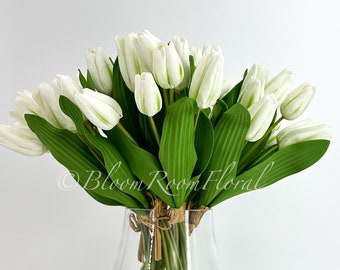 White Real Touch Tulips, 7 Stems, Realistic Silicone Artificial Flowers