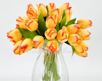 6 tiges de tulipes orange Real Touch 25 cm, fleur artificielle réaliste de haute qualité pour cuisine/mariage/cadeaux pour la maison, décoration florale, artisanat T-008