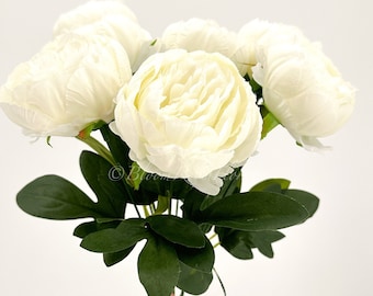 White Peony Bouquet 7 Stems – Artificial Silk Flowers for Wedding or Table Decor