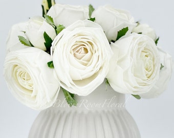 6 Stem Real Touch White Cabbage Roses | Extremely Realistic Luxury Quality Artificial Flower | Wedding/Home Decoration | Gifts Floral R-018