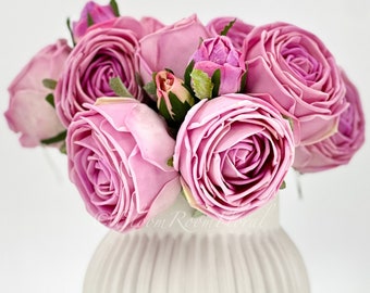 6 Stem Real Touch Bright Pink Cabbage Roses | Extremely Realistic Luxury Artificial Flower | Wedding/Home Decoration | Gifts Decor Floral